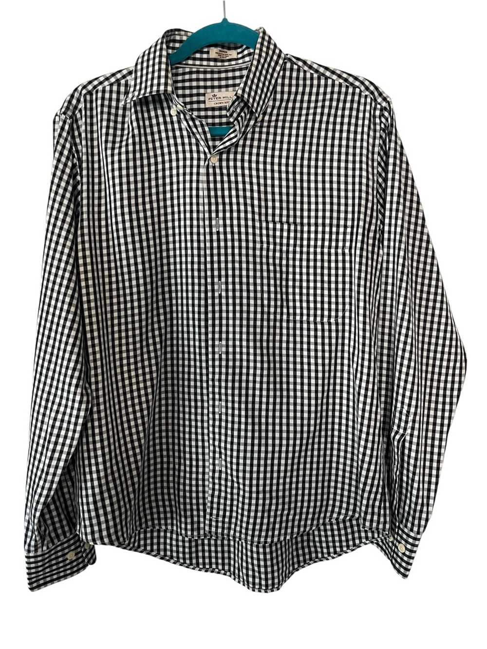 Peter Millar Men’s SzM CrownSoft Button-Down Black,White Check Shirt,Cotton Silk